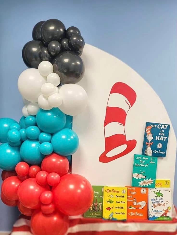 Black, red and teal themed balloon backdrop for a kids party