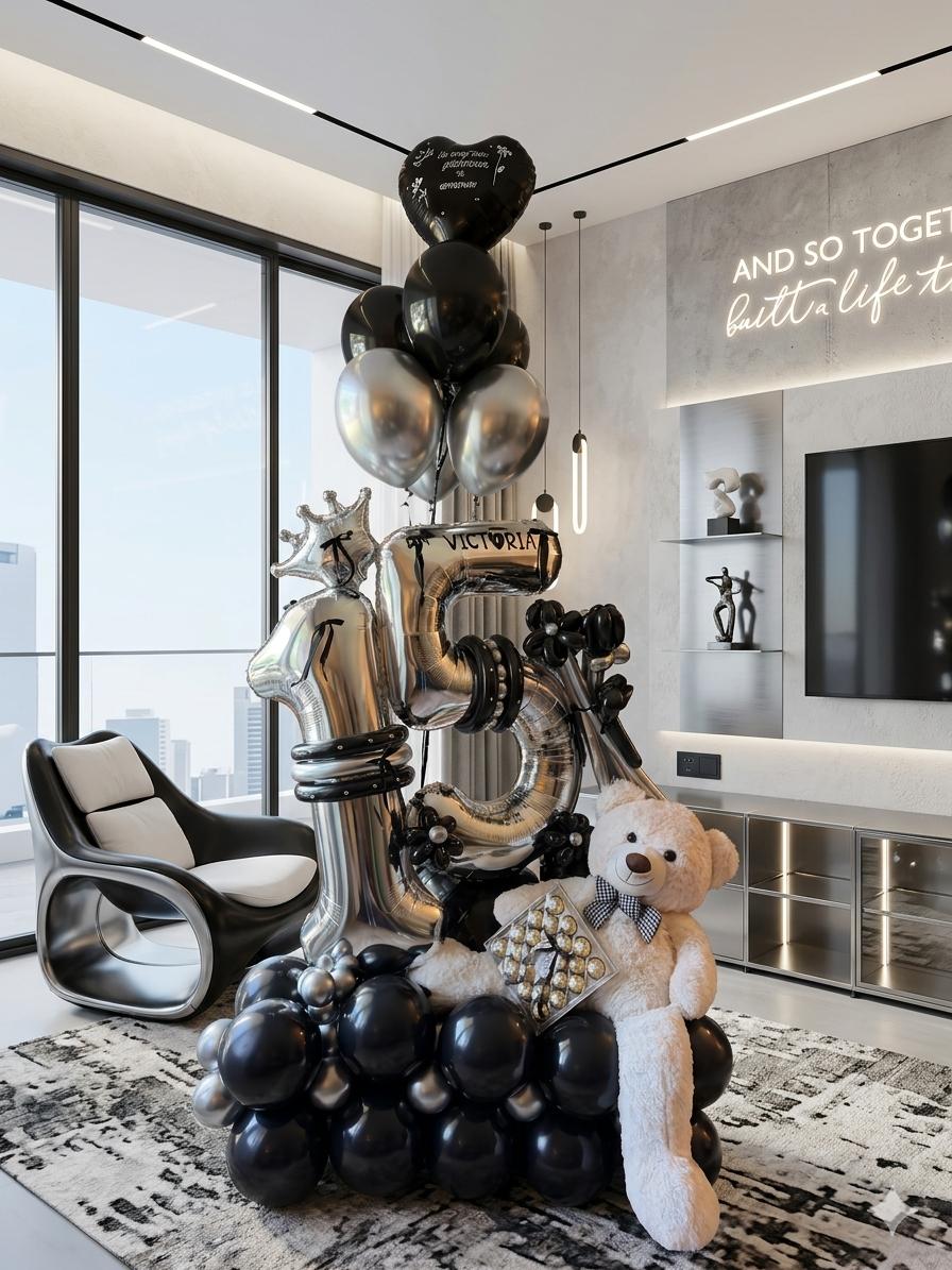 Black, white and silver balloon installation for a celebration