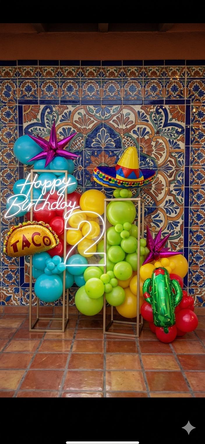Vibrant tropical balloon display with floral details