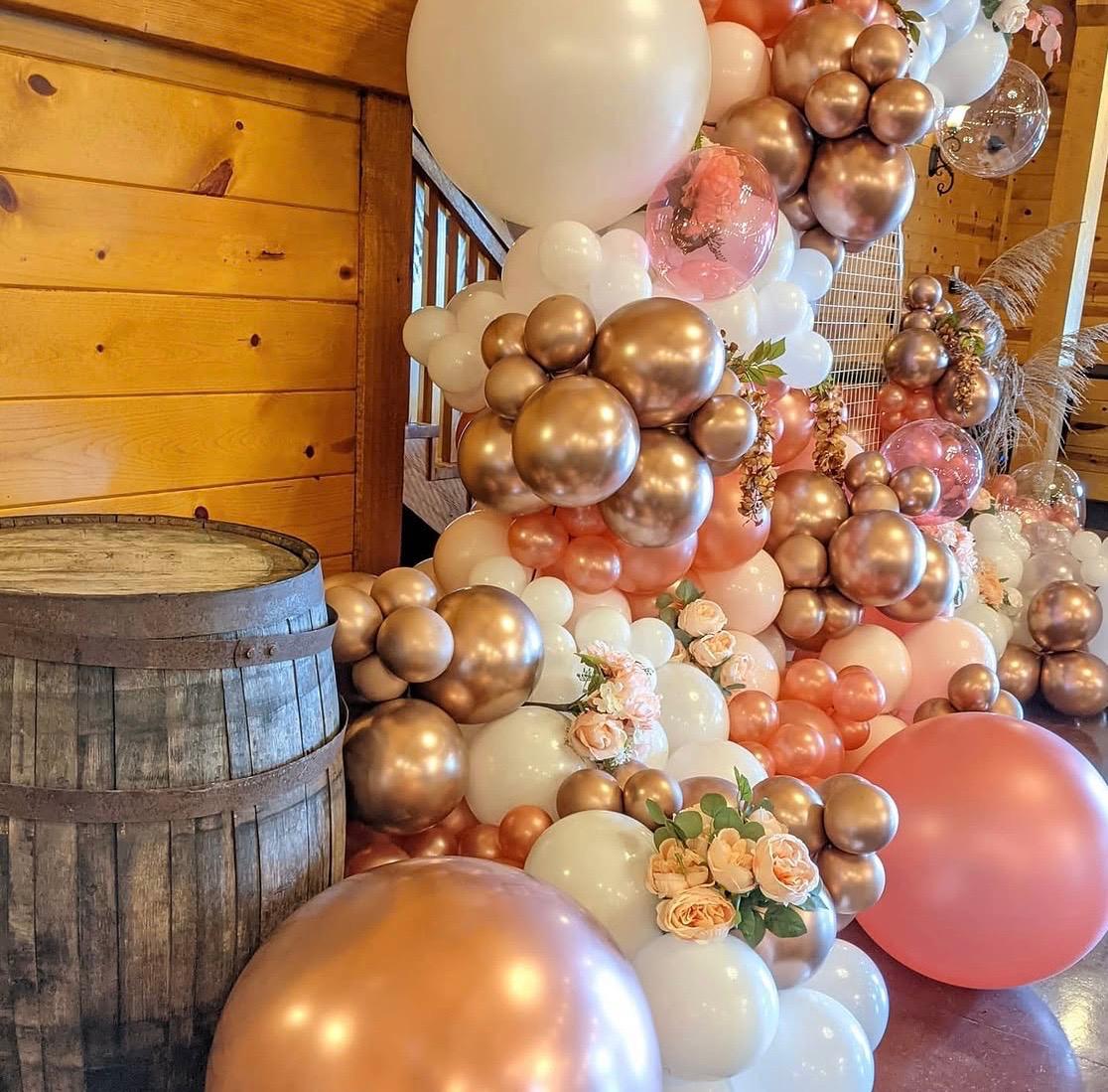 Copper, blush and ivory balloon garland with rustic details
