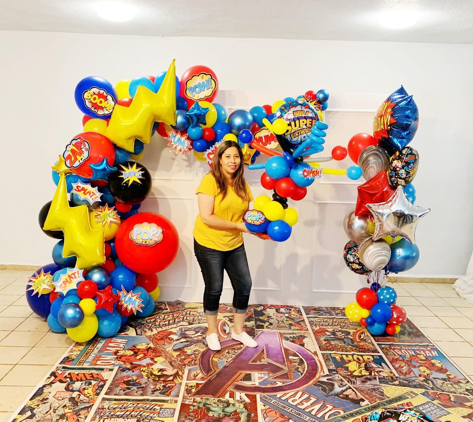 Superhero themed balloon display for a children's party